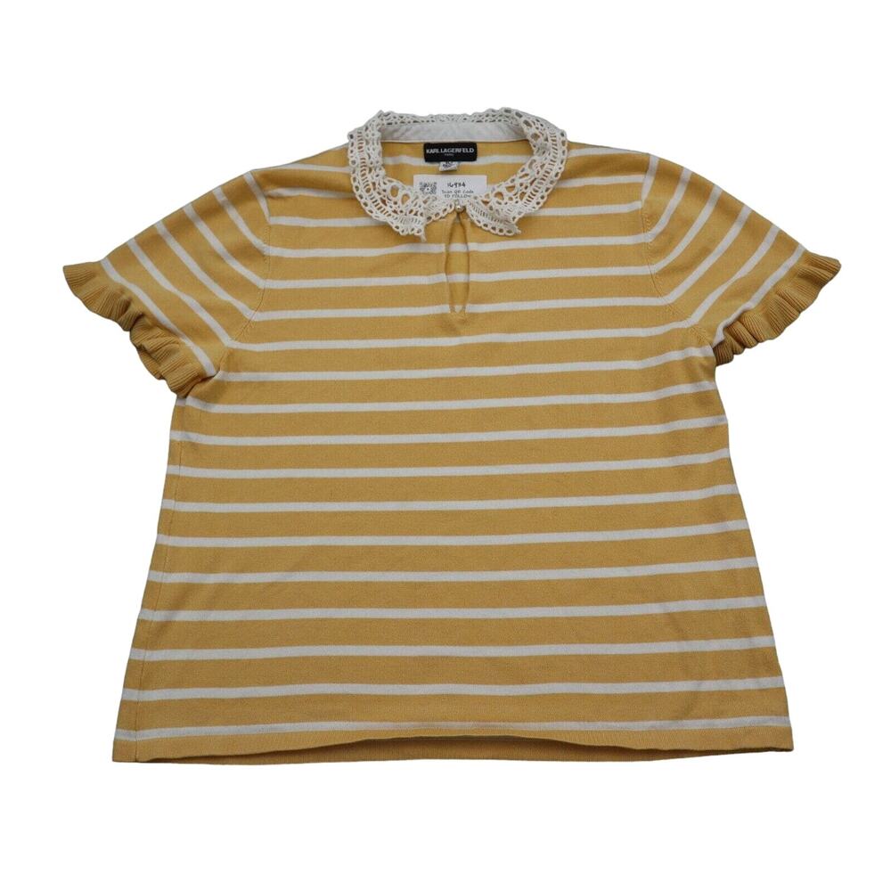 Karl Lagerfeld Shirt Womens XL Yellow Flutter Sleeve Crochet Collar Keyhole Neck